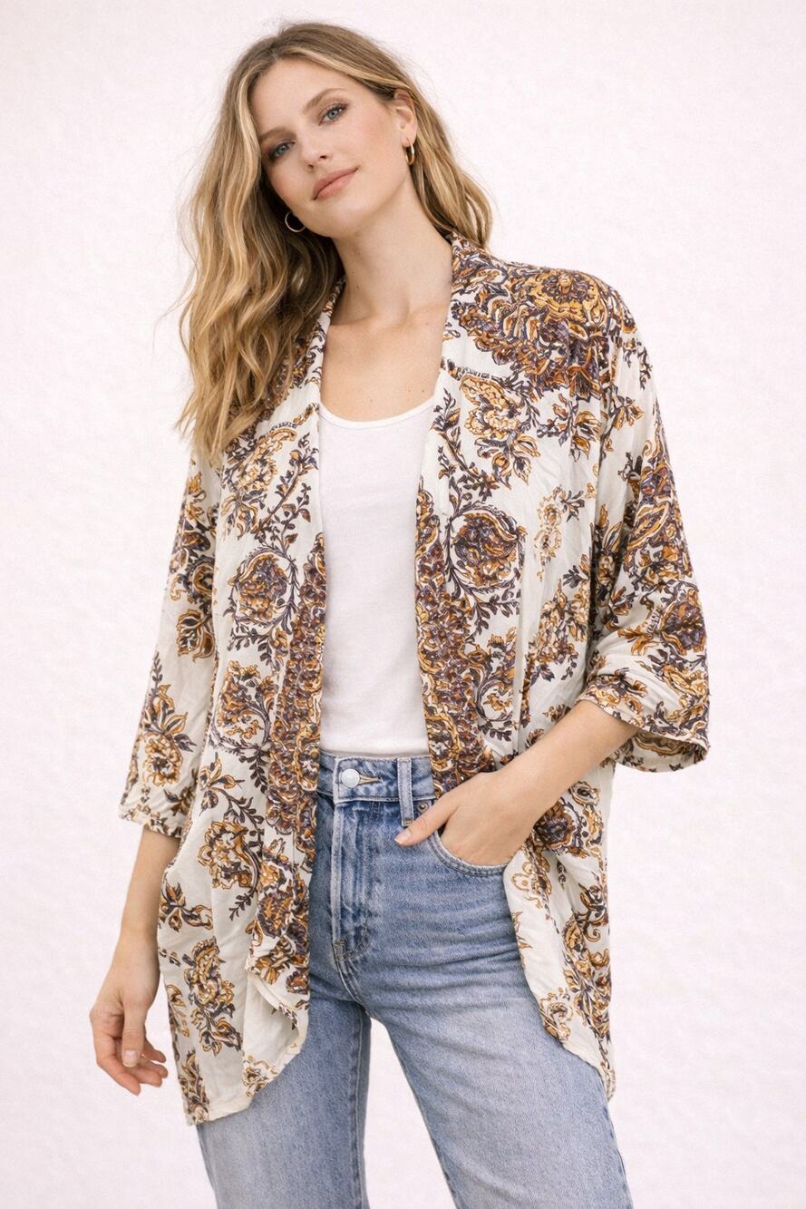 Billabong Brown Floral Boho Kimono Open Front Lightweight Cover Up Kimono Large